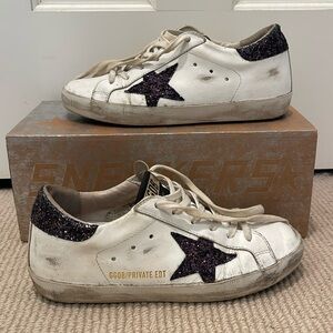 Golden Goose Superstar sneakers in white with navy glitter. Size 36